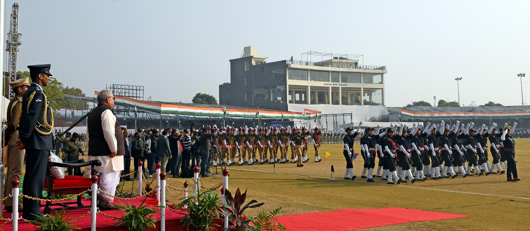Hon’ble Governor  inspected the guard of honour and unfurled the Tricolour followed by the National Anthem on 74th  Republic Day.